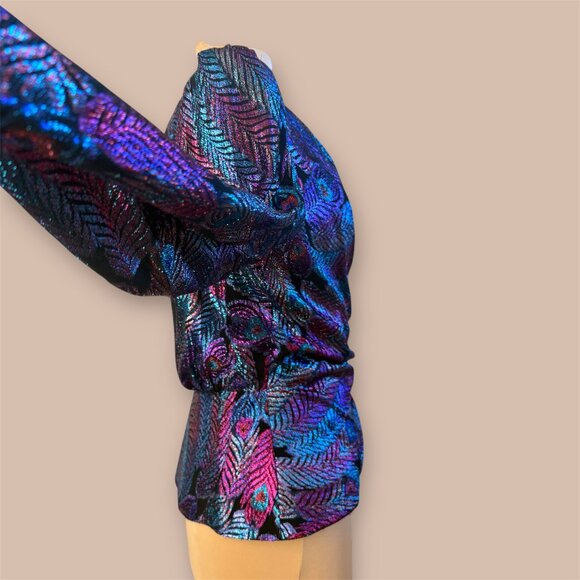 RARE vintage 1980's Rimini peacock Rayon and Metallic wrap top - Picture 3 of 8